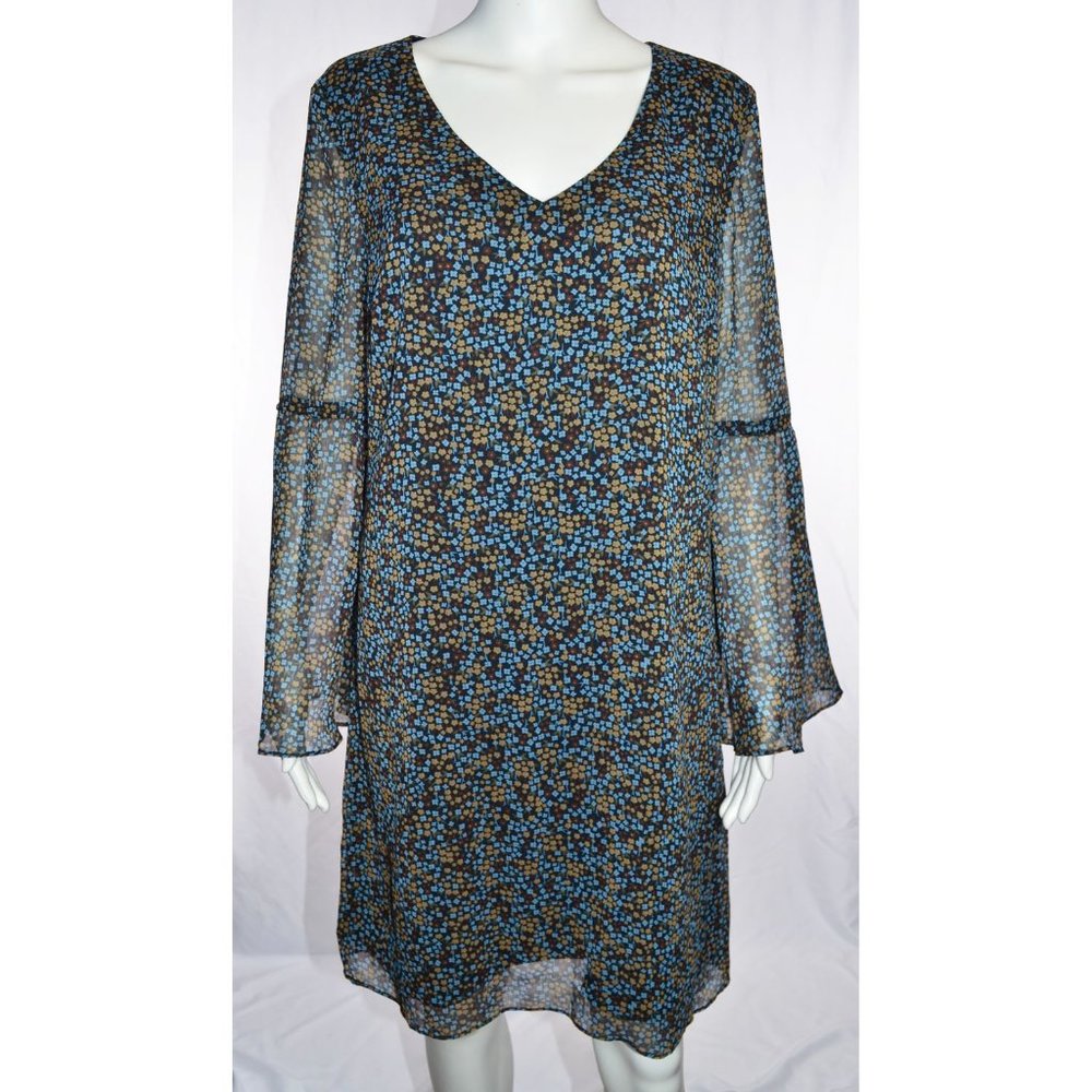 Cabi Poise Ditsy Floral V-Neck Bell Sleeve Shift Dress Blue/Brown Size M